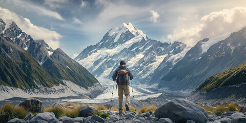 Hiking to Himalayas. Success and achievement concept. - obrazy, fototapety, plakaty