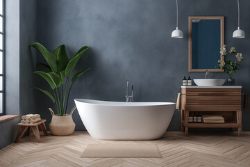 modern stylish bathroom with big white bathtub