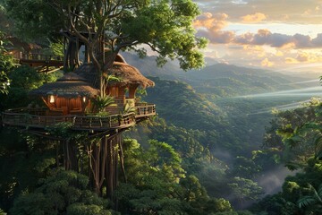 An exotic illustration of a treehouse hotel perched high in the canopy, offering breathtaking views of the jungle and providing a unique and adventurous lodging experience.