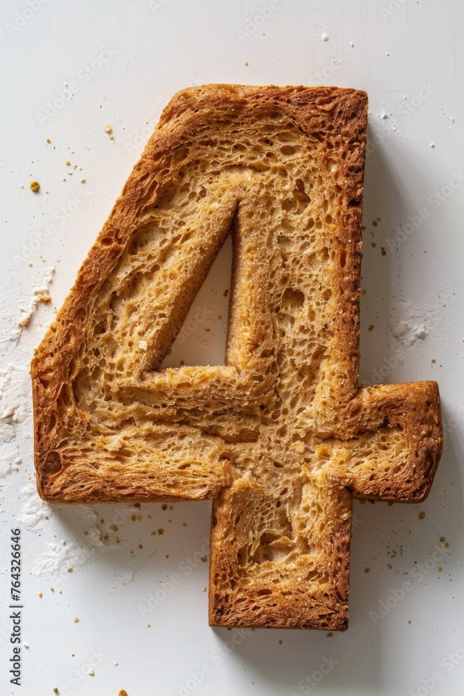 Poster a close up of a number four made out of bread. generative ai.