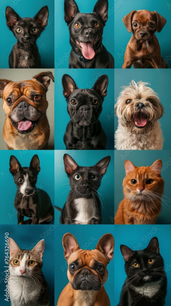 Poster a collage of a group of dogs and cats with different expressions. generative ai.