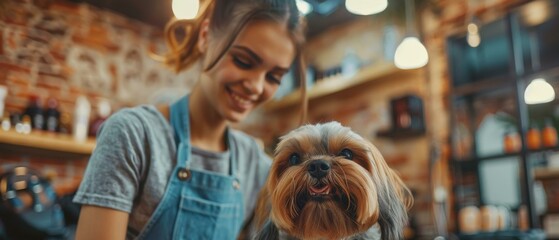 A woman in a blue apron holding a dog in a grooming salon. Generative AI.