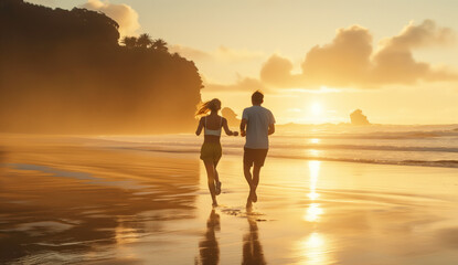Walking on the beach at sunset in summer.