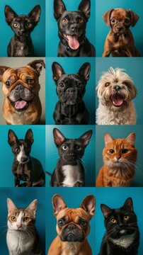 A collage of a group of dogs and cats with different expressions. Generative AI.