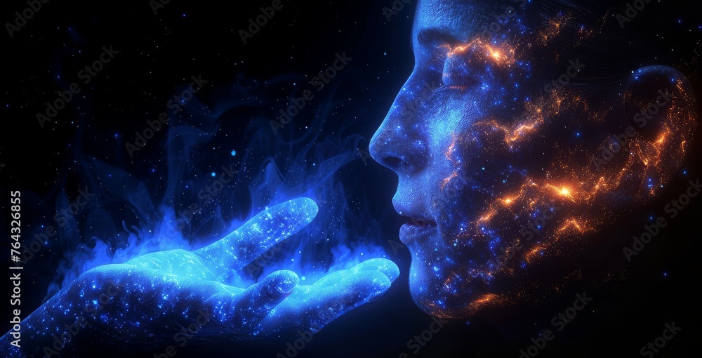 Poster a mystical representation of a woman blowing stardust into the universe, symbolizing creation and be