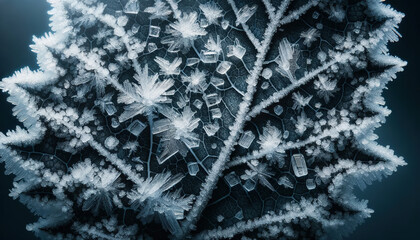 Detailed macro photography of ice crystals delicately clinging to a frozen leaf, embodying the silence of winter