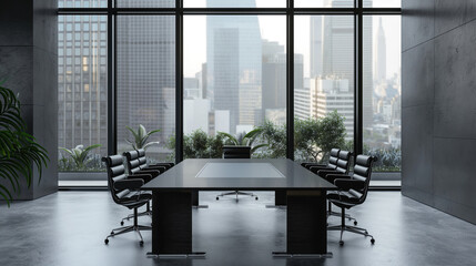 High level modern meeting room is decorated with stylish table and chairs around.