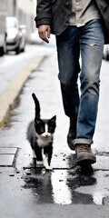 Sad little homeless kitten on city street. Human indifference - obrazy, fototapety, plakaty