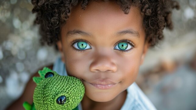 A close up of a young child with green eyes holding a green stuffed animal. Generative AI.