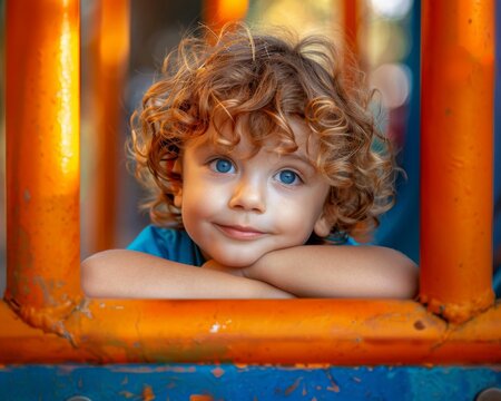 A little boy with curly hair sitting on a playground slide. Generative AI.