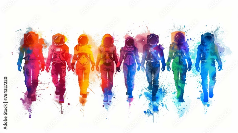 Poster a group of people in space suits walking in a line. generative ai.