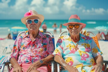 Two men in matching outfits sitting on beach chairs at the beach. Generative AI.