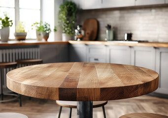 Wooden table in kitchen interior and free space for your decoration