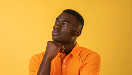Fototapeta premium Close up portrait of black man thinking. Orange background. 