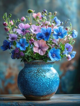 decorative flower pot on top of table, mixed floral art