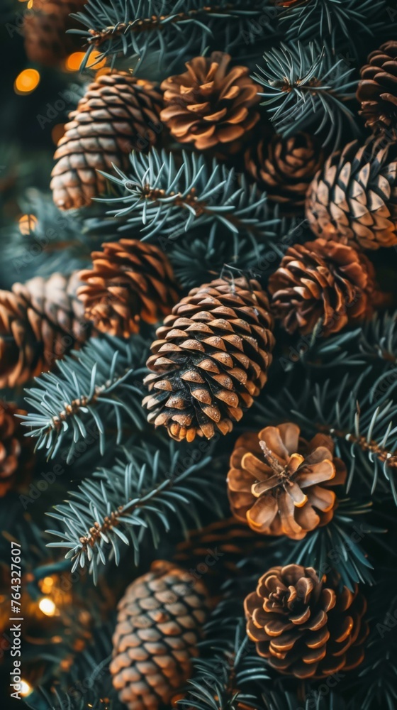 Poster a close up of a pine tree with lots of cones. generative ai.
