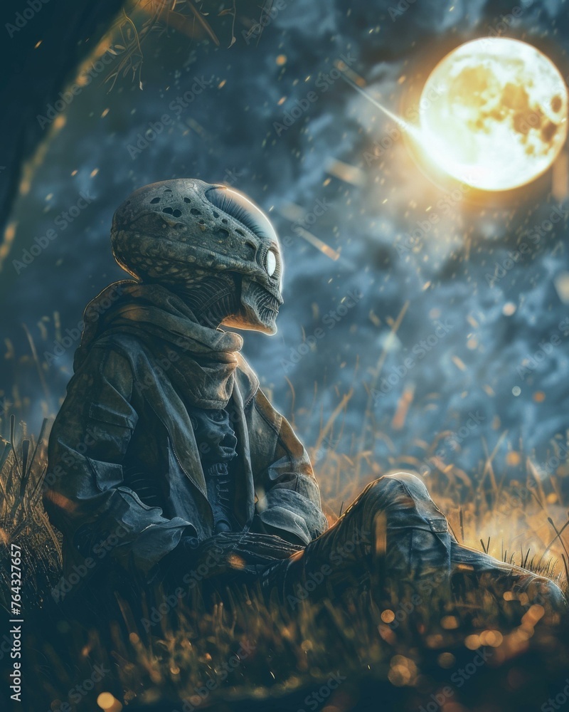 Poster a person sitting in the grass with a helmet on and looking up at the moon. generative ai.