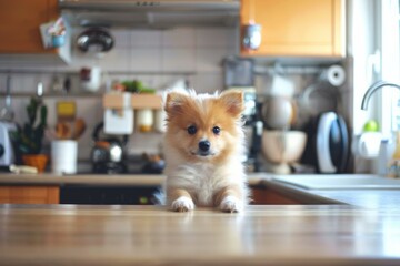 A small dog sitting on top of a kitchen counter looking at the camera. Generative AI.
