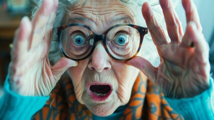 An older woman with glasses is making a funny face. Generative AI.