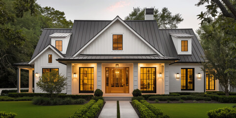 Naklejka premium Beautiful new home exterior car garage and covered porch/