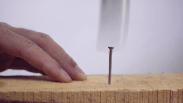 With a hammer nail is nailed into the wood. Against a white background.