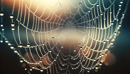 Close-up of dew drops on a spider web in the early morning