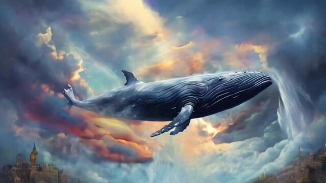 An unearthly scene where a huge whale swims through the clouds above a sleeping city, depicting the border between reality and dreams.