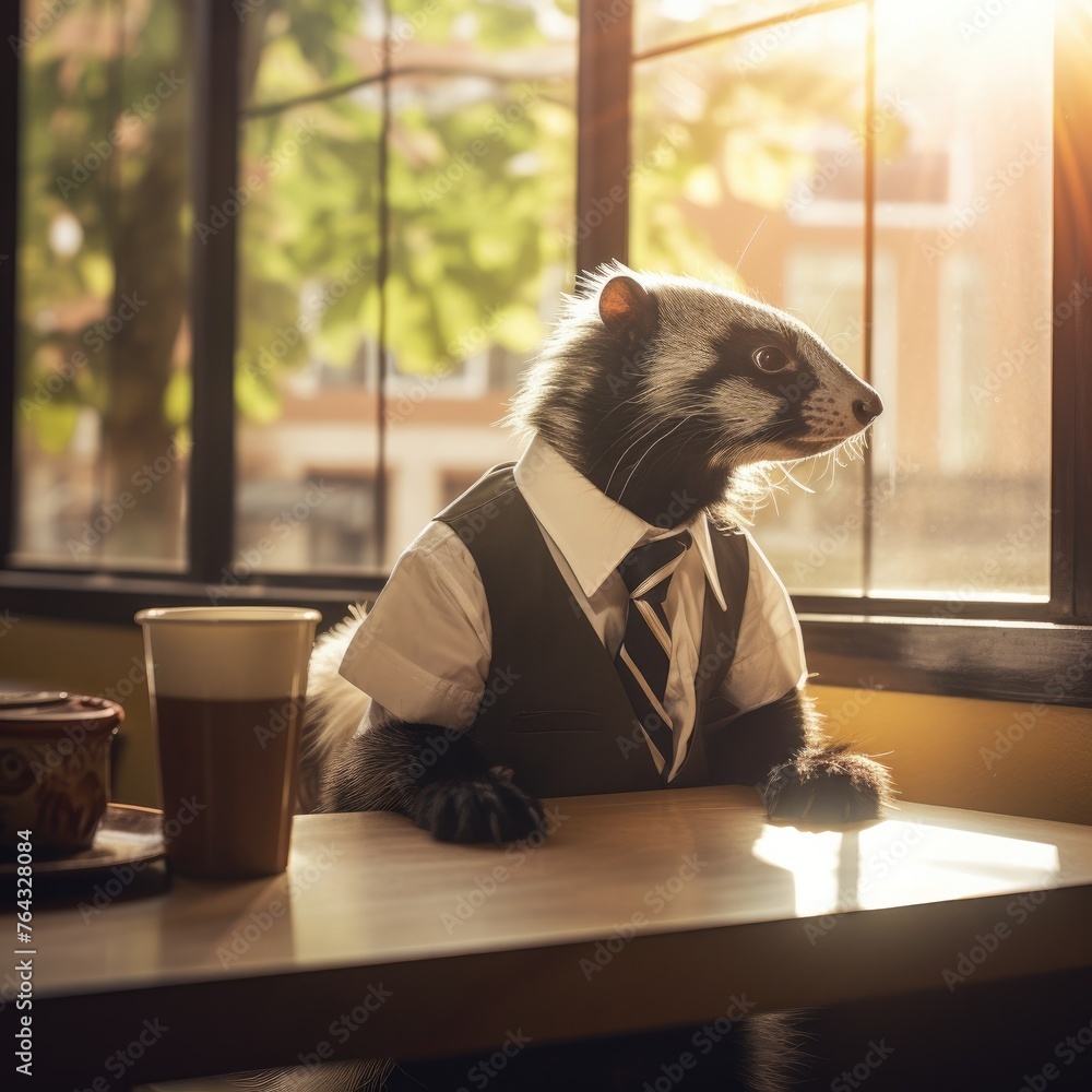 Poster a ferret sitting at a table in front of a window in an office. generative ai.
