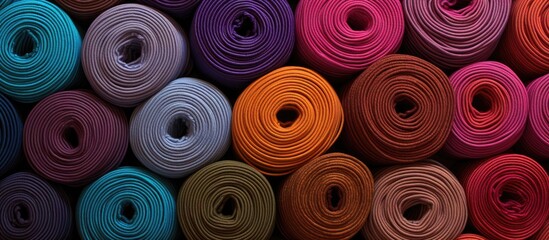 A close up view showing a variety of vibrant colored rolls of yarn