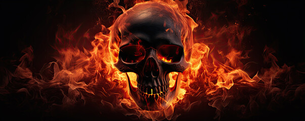 Flaming skull with crack detail on black - obrazy, fototapety, plakaty