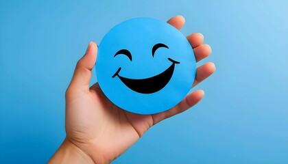 Hand holding blue paper cut happy smile face, Positive thinking, Mental health assessment , World mental health day concept created with generative ai