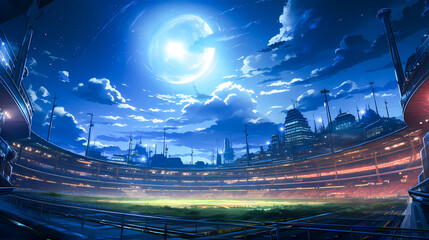 Stadium scene at night, under a Luminous Moon illustration background