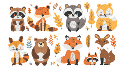 Cute forest animals collection. Woodland characters set in cartoon style for kids and baby design