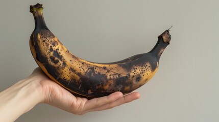 This image shows a single rotten banana in someone's hand. The banana is black or brown and appears