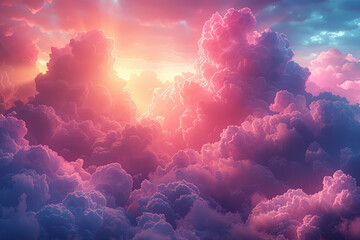 A digital illustration featuring a spectrum of ethereal pastel clouds against a twilight sky,...