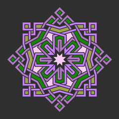 Multicolor geometric star with a new and unique seamless shape, modern Arabic shape, intersection of lines and arabesque decoration, Moroccan design, black, purple and green