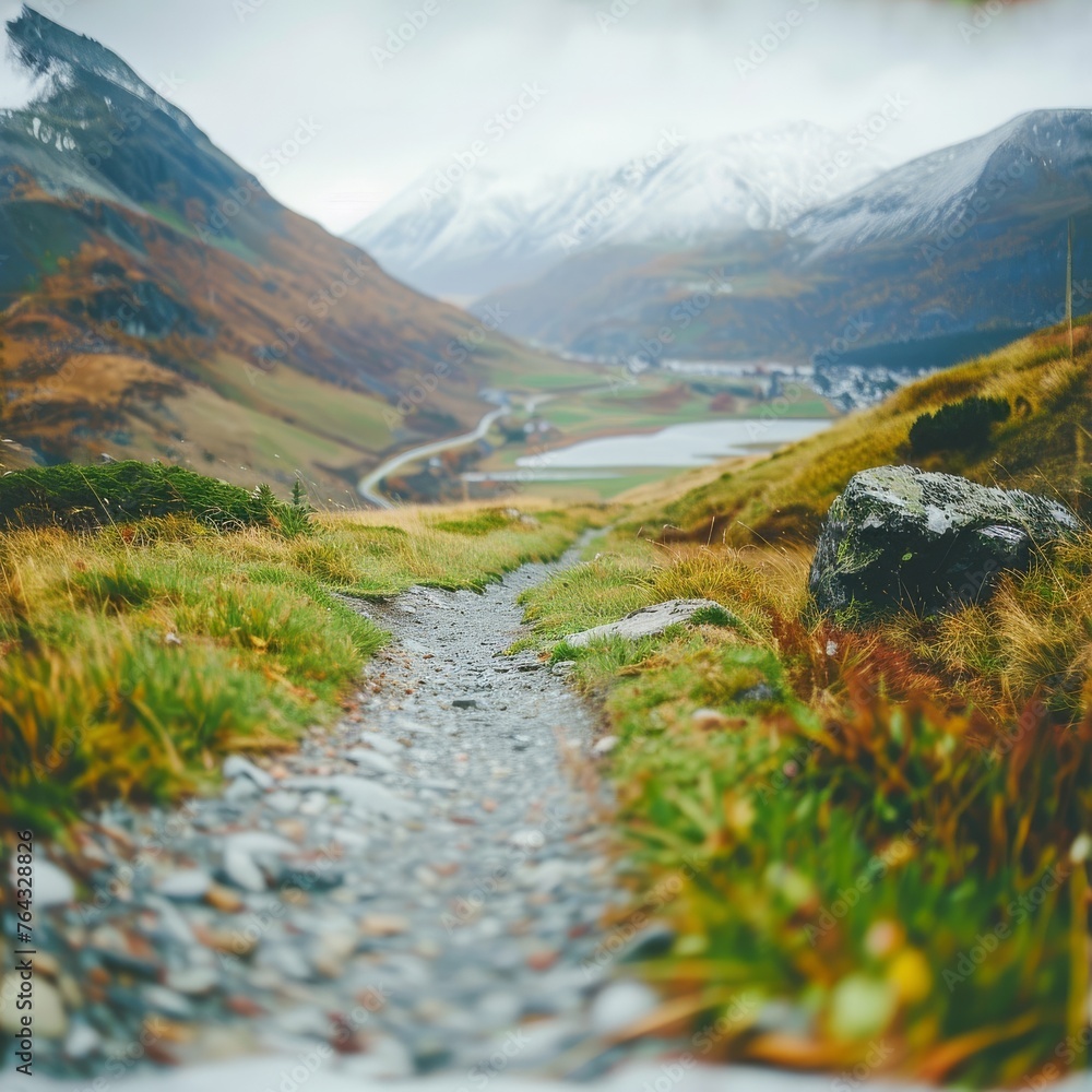 Poster a path in the middle of a grassy area with mountains in the background and a body of water in the di