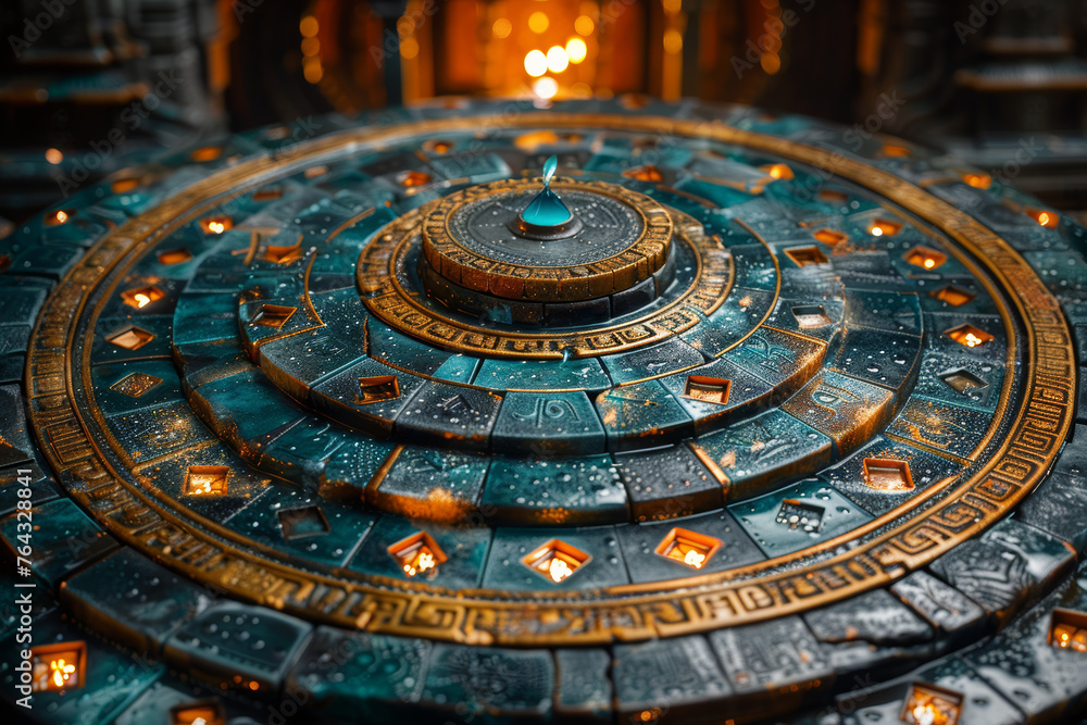 Poster a quaternity of ancient symbols converging in an intricate mandala, representing the stability and f