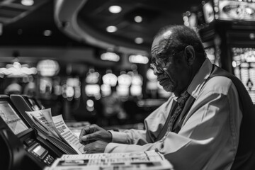 Obraz premium In a casino setting, a man is deeply concentrated on placing his bets, possibly reflecting the intense nature of gambling