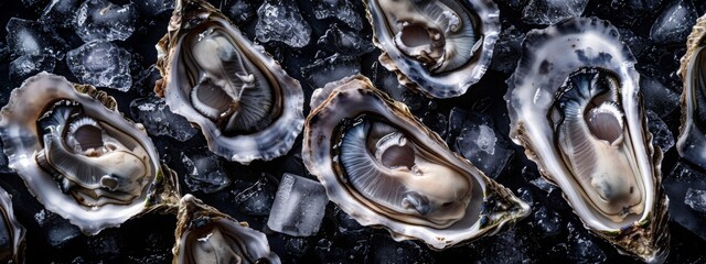 Creative flat lay pattern with Fresh oysters on black stone background with ice. Closeup open oyster. Seafood market or restaurant concept. French delicacy. Aphrodisiac mollusk - obrazy, fototapety, plakaty