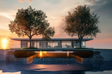 Elegant modern house with large glass windows reflecting on still waters during the beautiful sunset