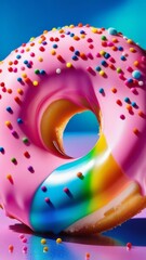 Freshly baked donut topped with generous amount of rainbow-colored sprinkles drizzled with rich sweet icing on colorful background. For culinary book, magazine, food blog, social media platforms.