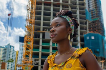 Fototapeta na wymiar An African woman in traditional dress stands before an emerging urban skyline, embodying cultural diversity and modern development
