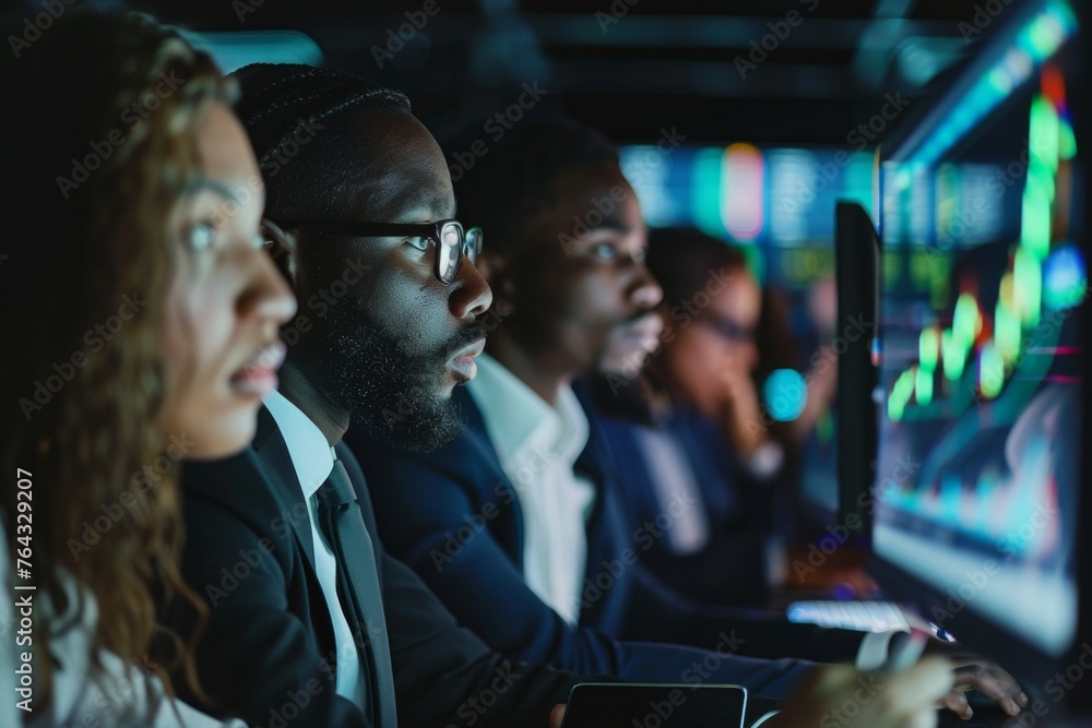 Poster Dynamic image of stock market traders analyzing financial data on multiple screens, depicting focus, strategy, and the fast-paced finance world