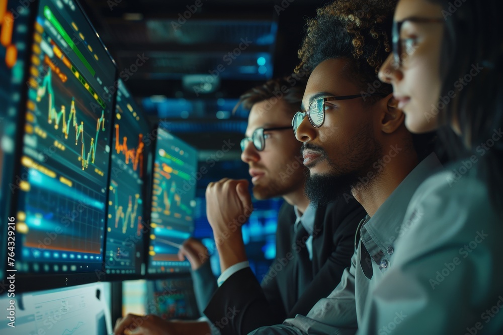 Poster a team of finance professionals intently studies digital data analytics screens, reflecting determin