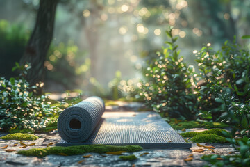A yoga mat unrolled in a serene natural setting, where the practice of yoga harmonizes with the soothing sounds of nature. Concept of outdoor yoga and well-being. Generative Ai. - obrazy, fototapety, plakaty