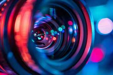 Dynamic image of a camera lens with radiant light reflections symbolizing creativity and technology - obrazy, fototapety, plakaty