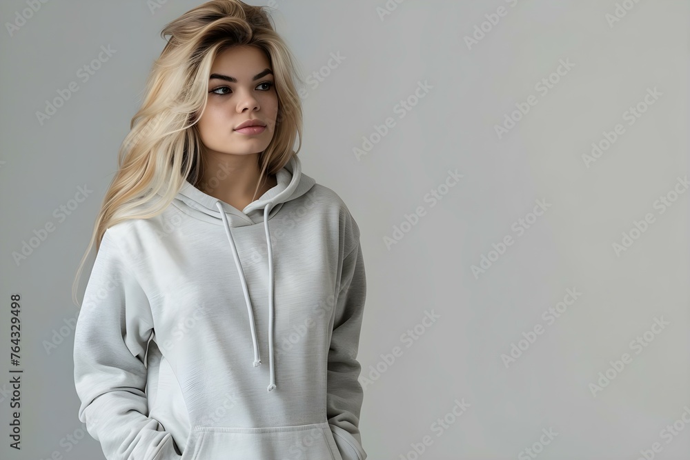 Poster Girl In light gray Hoodie Mockup On White Background. Concept Clothing Mockup, Light Gray Hoodie, Girl Model, White Background