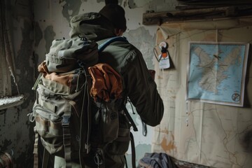 A lone backpacker with a large pack observes a wall map in a rundown room, planning his journey