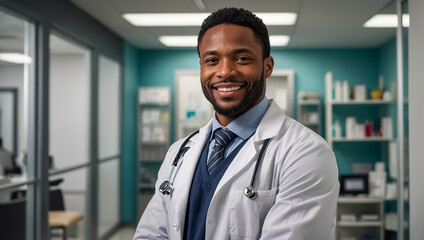 Fototapeta premium Portrait of a happy African American male doctor in a clinic